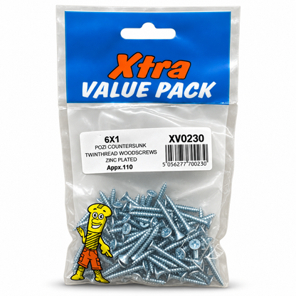 Xtra Value Pack of Pozi Countersunk Woodscrews with visible barcode and product information