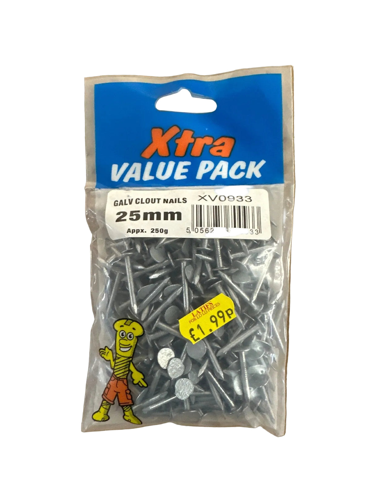 Front view of Xtra Galvanised Clout Nails 25mm packaging