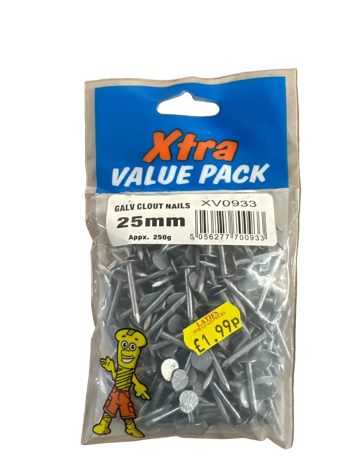 Close-up of Xtra Galvanised Clout Nails 25mm packaging