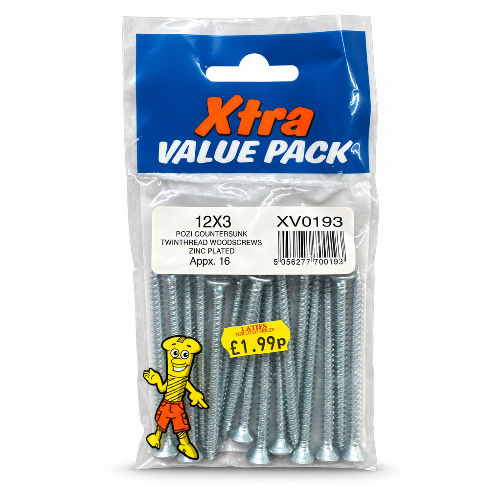 Xtra Countersunk Zinc Plated Woodscrews 12x3 packaging detailed view