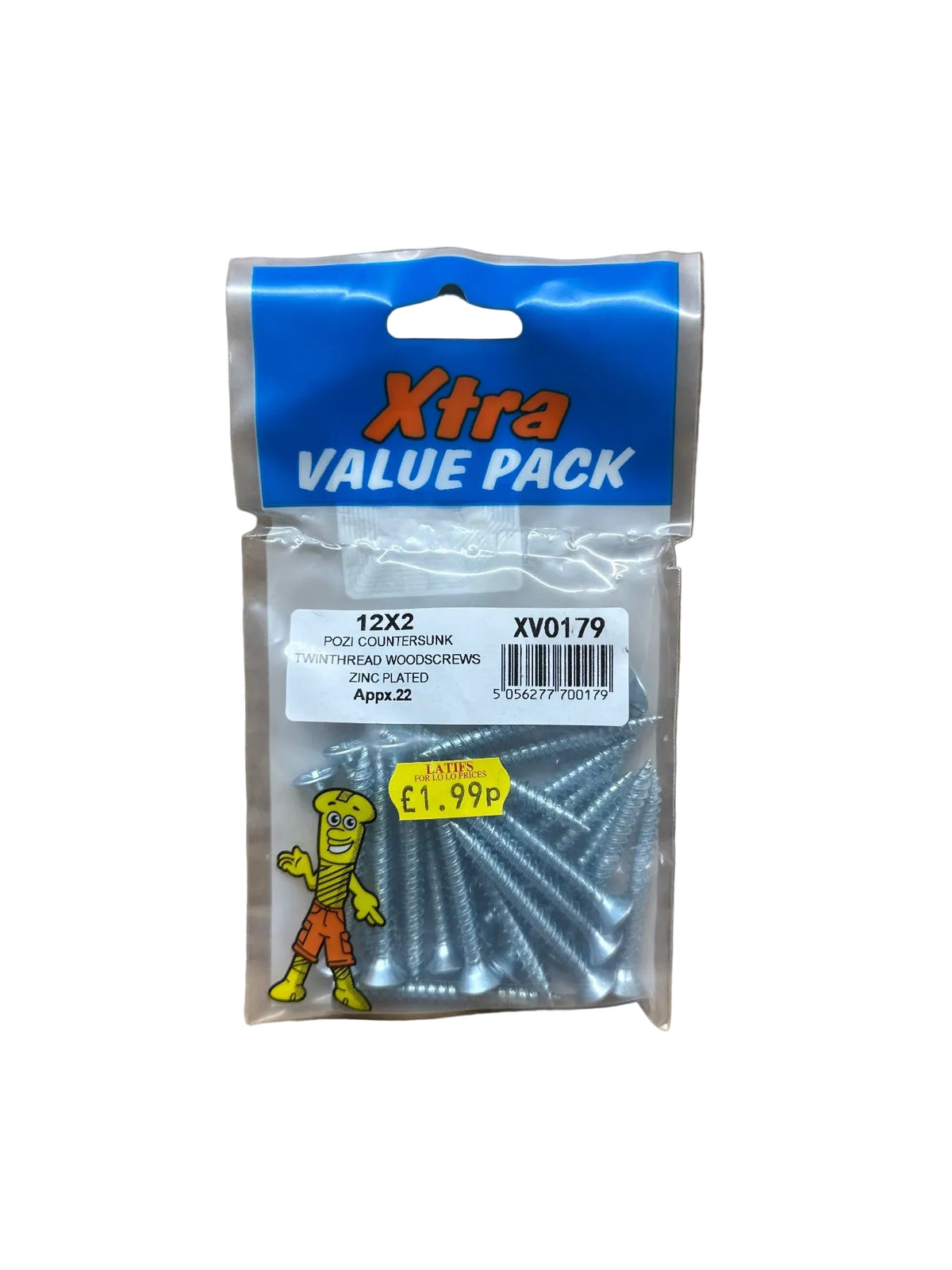 Front view of Xtra 12x2 Pozi Countersunk Zinc Wood Screws packaging