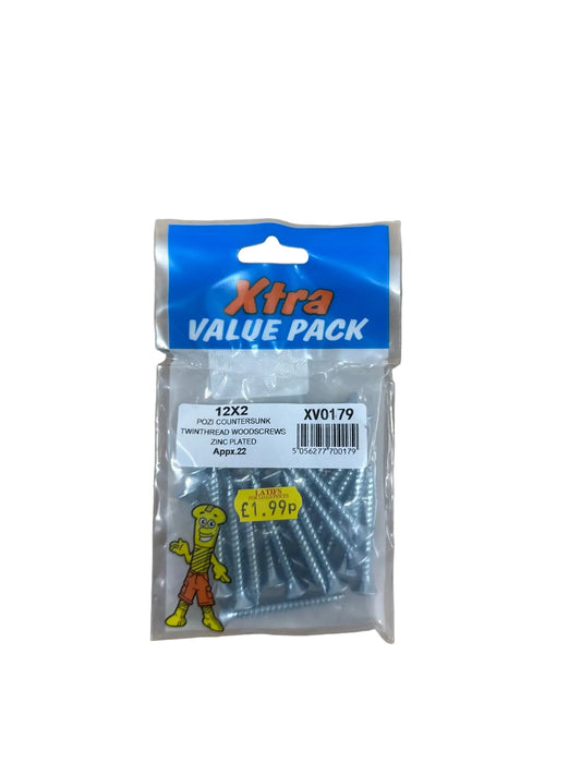 Back view of Xtra 12x2 Pozi Countersunk Zinc Wood Screws packaging