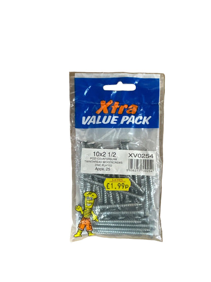 Front packaging of Xtra 10x2 1/2 Pozi Countersunk Woodscrews