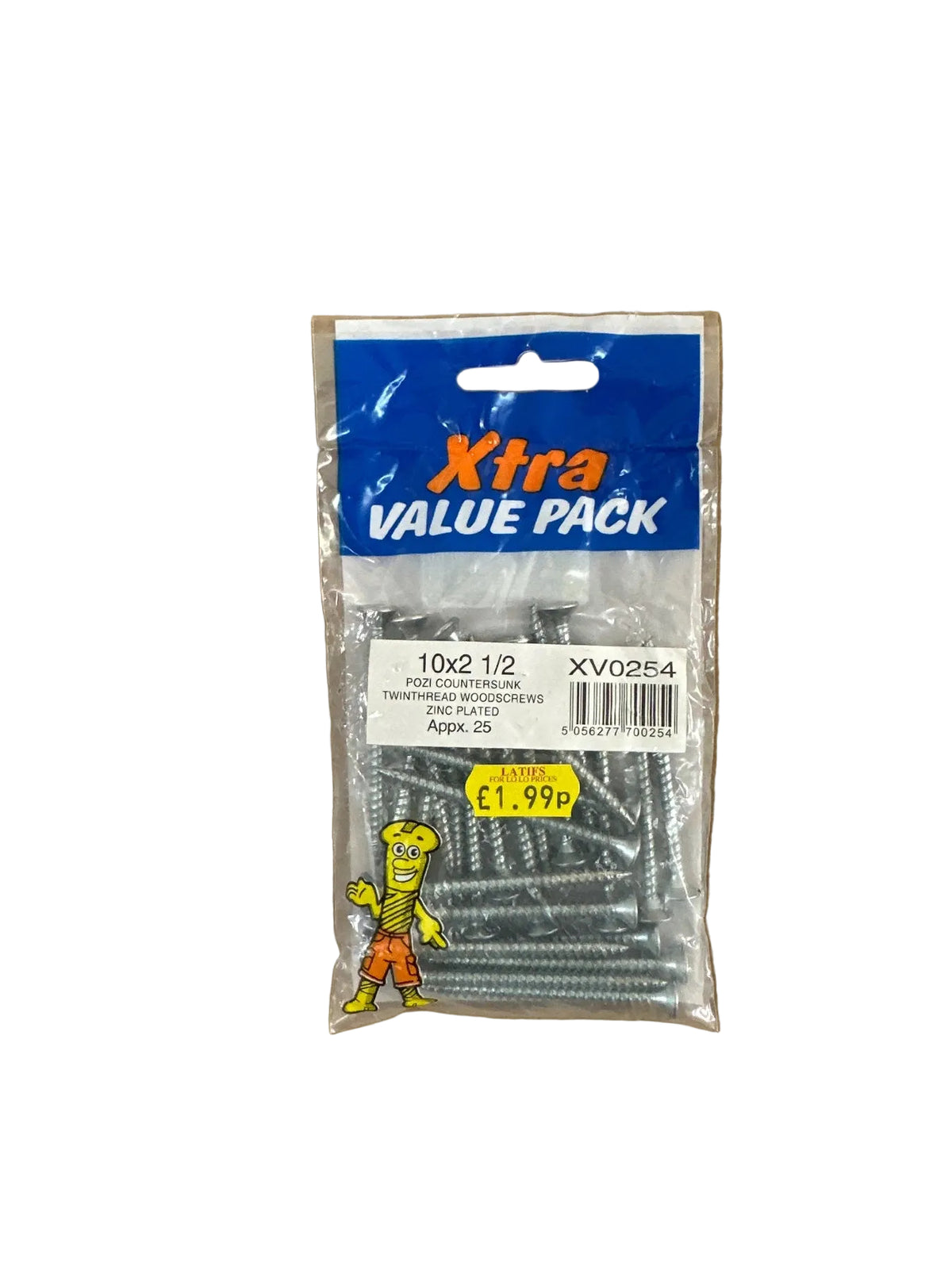 Back packaging of Xtra 10x2 1/2 Pozi Countersunk Woodscrews