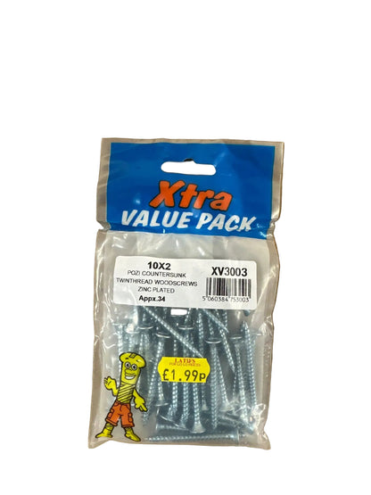 Xtra Value Pack of 10x2 Pozi Countersunk Twinthread Woodscrews front packaging