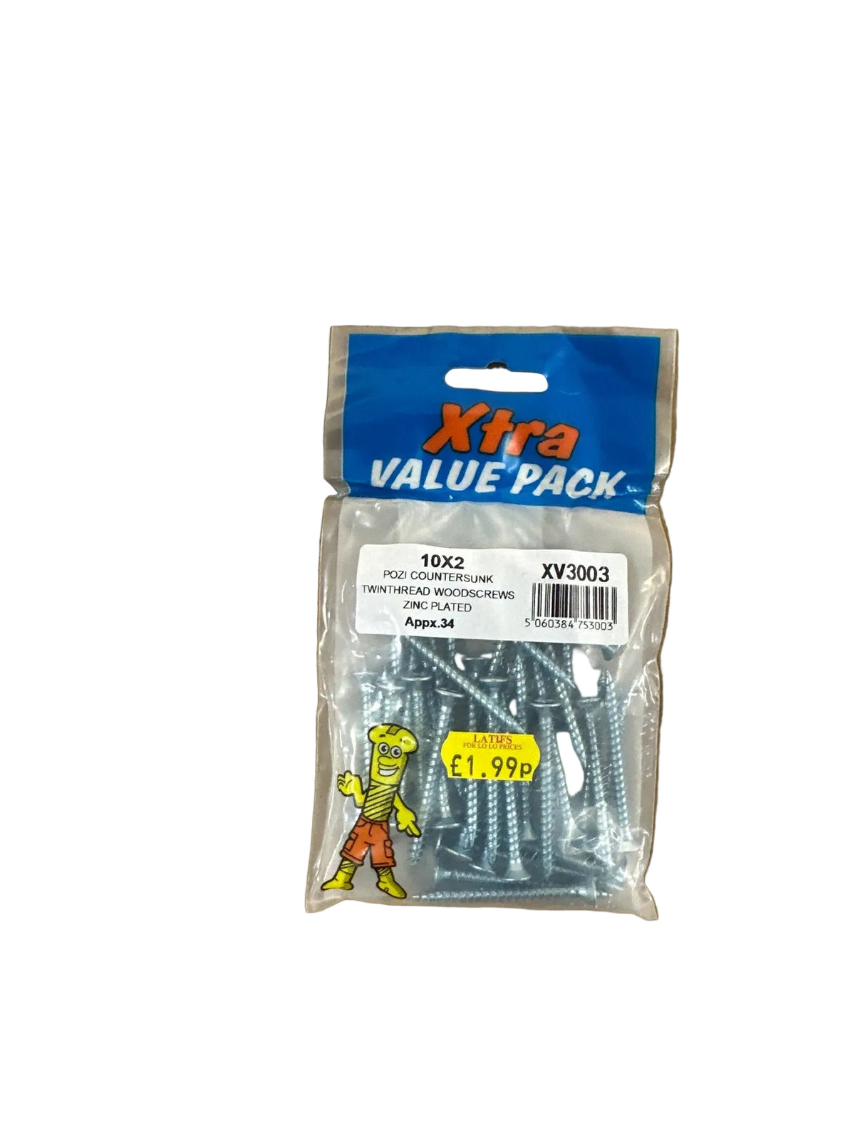 Xtra Value Pack of 10x2 Pozi Countersunk Twinthread Woodscrews fully visible packaging