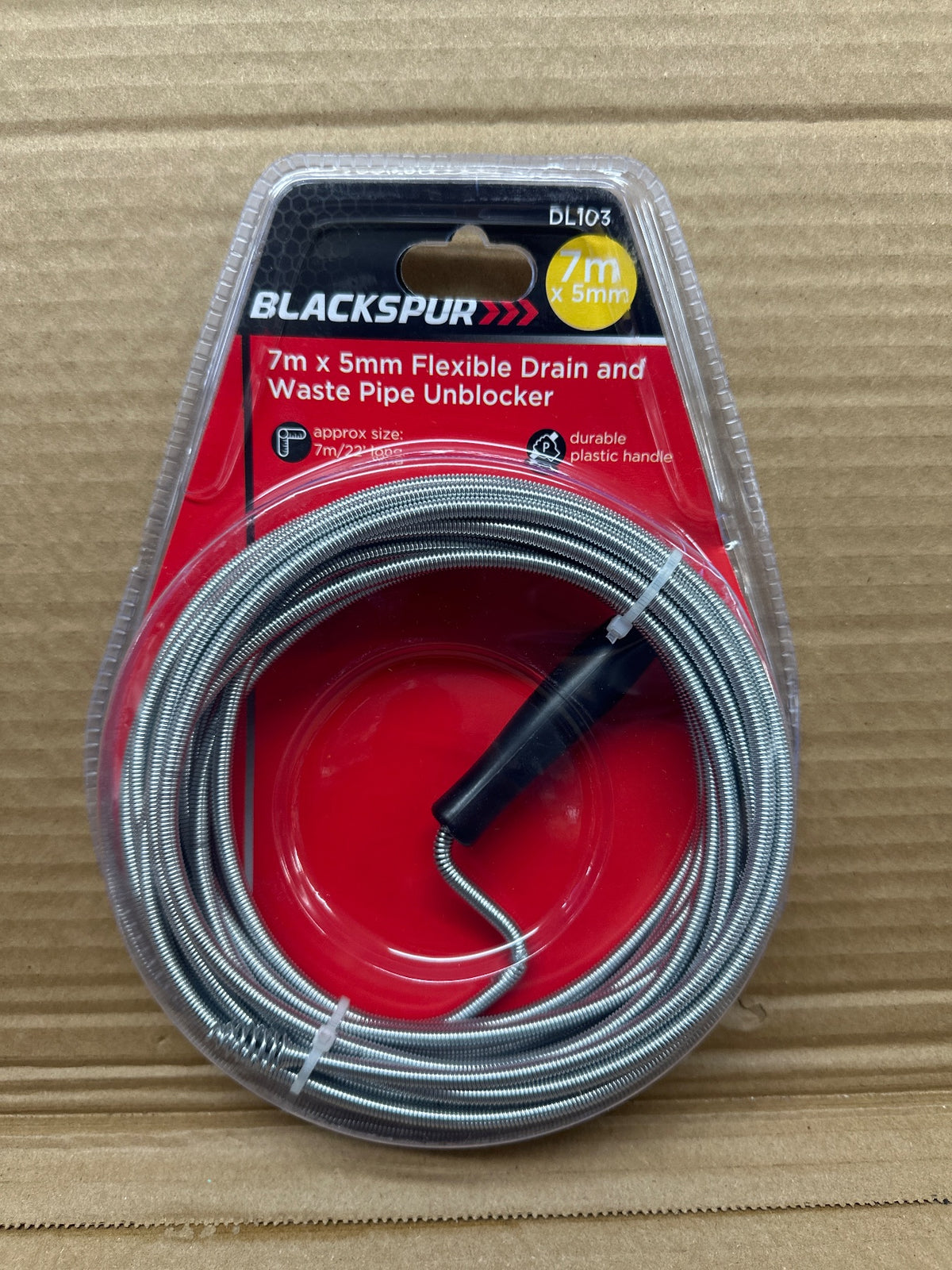 Blackspur 7m x 5mm Flexible Drain and Waste Pipe Unblocker packaging front