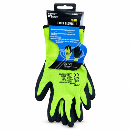 Pro User Foam Latex Gloves in High-Vis Yellow packaging