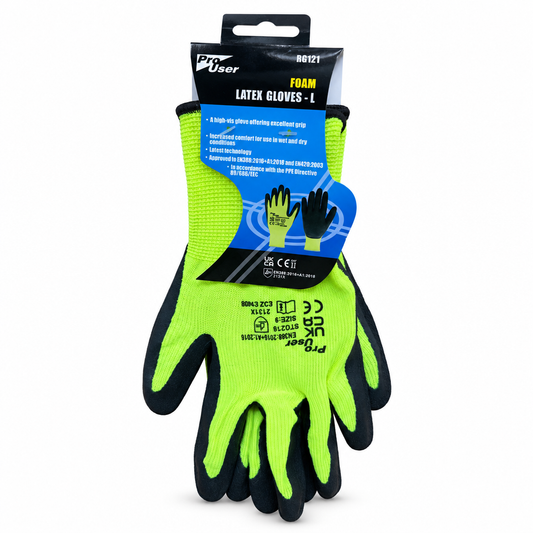 Pro User Foam Latex Gloves in High-Vis Yellow packaging