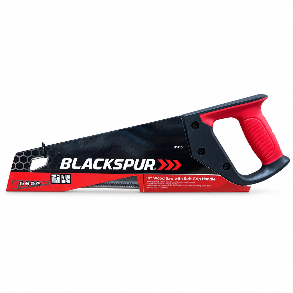 Blackspur wood saw with soft grip handle in packaging.