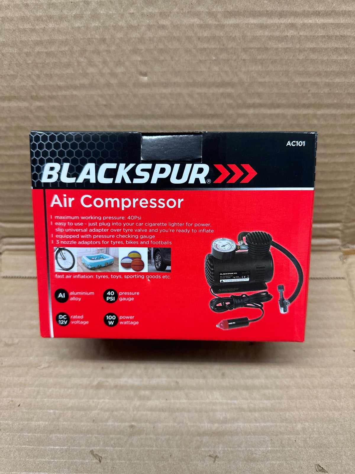 Front view of Blackspur Air Compressor AC101 packaging
