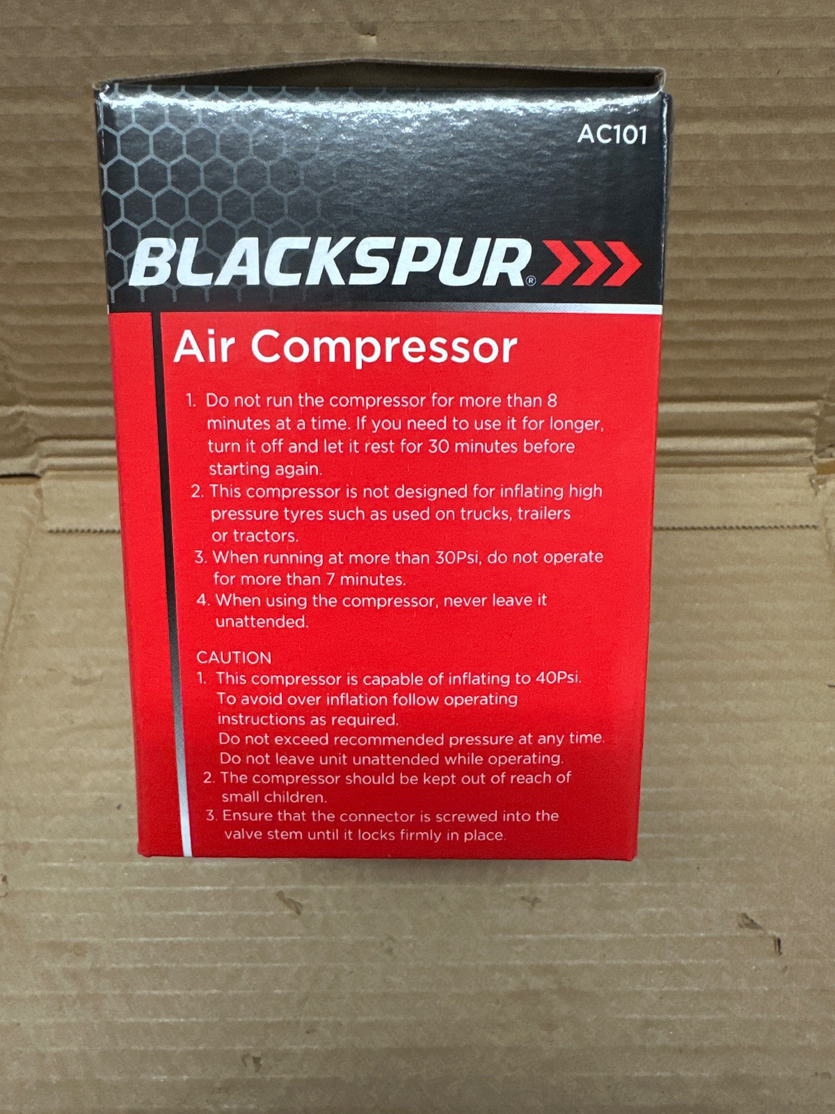 Back view of Blackspur Air Compressor AC101 packaging