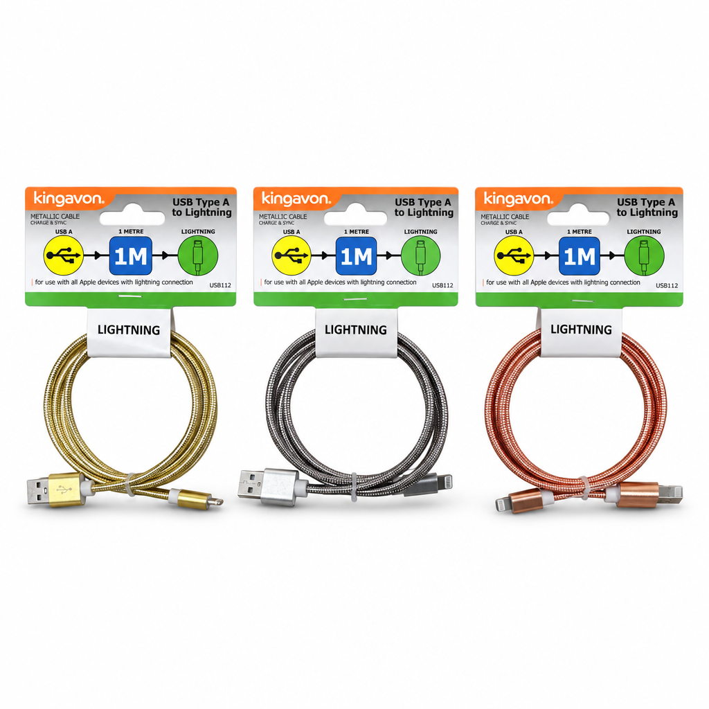 Kingavon Metallic USB to Lightning Cables in various colours on a display