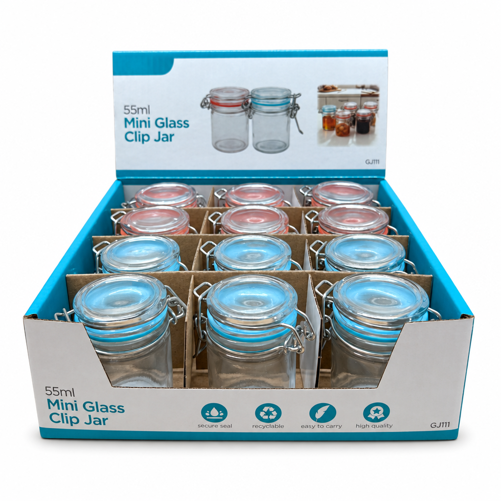 Display of 55ml Mini Glass Clip Jars in packaging