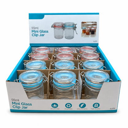 Display of 55ml Mini Glass Clip Jars in packaging