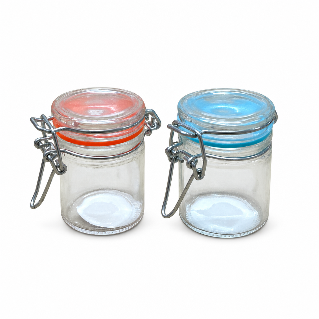 Two 55ml Mini Glass Clip Jars with coloured lids
