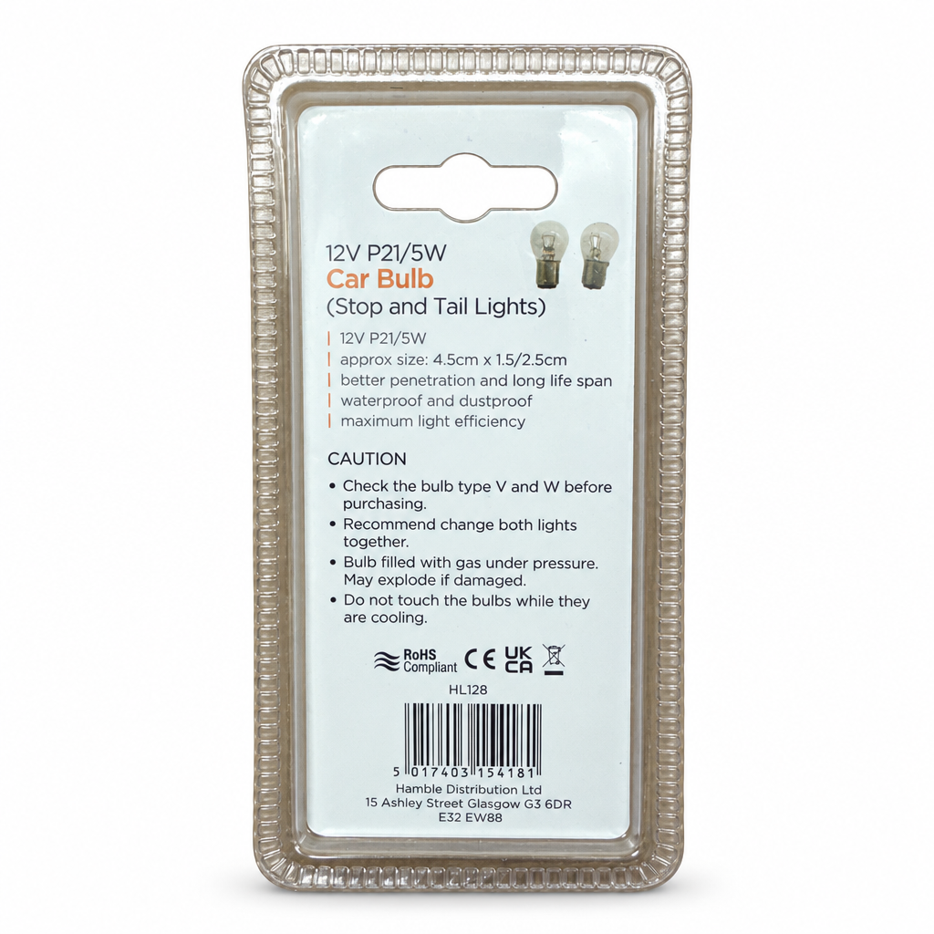 Back view of Kingavon 12V P21/5W Car Bulb packaging