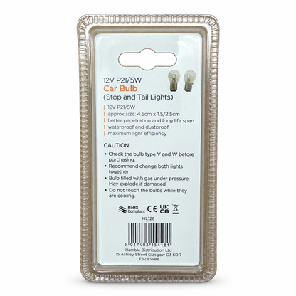 Back view of Kingavon 12V P21/5W Car Bulb packaging