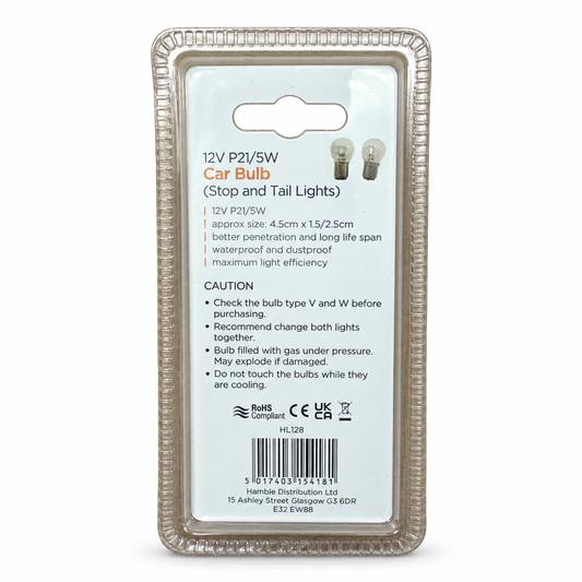 Back view of Kingavon 12V P21/5W Car Bulb packaging