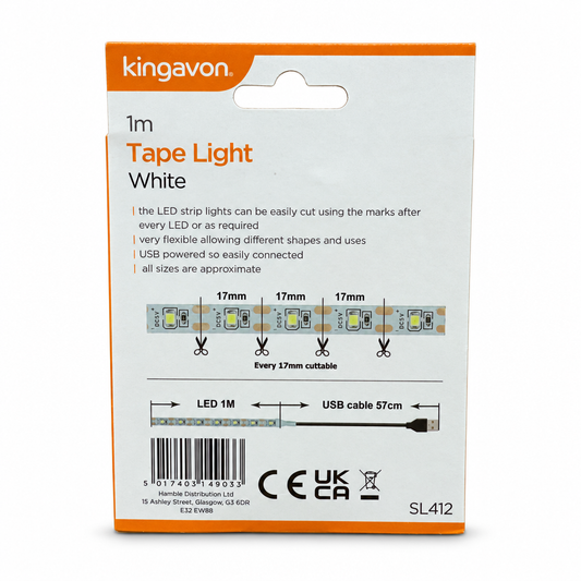 Back view of Kingavon 1m Tape Light packaging with specifications