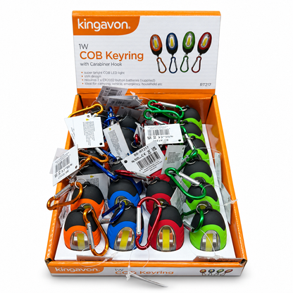 Display of Kingavon 1W COB Keyring lights with carabiner hook
