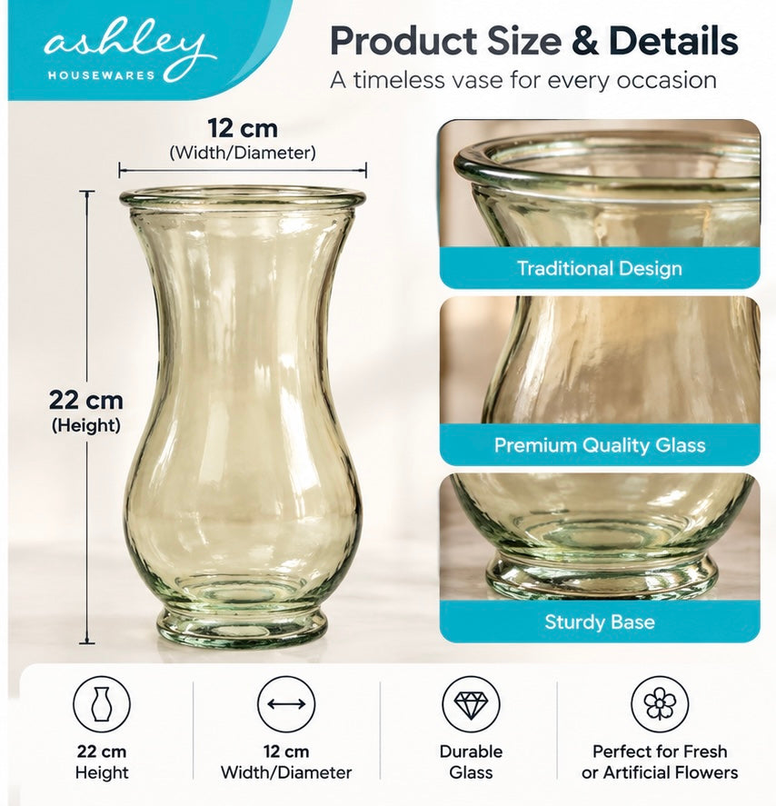 Ashley Housewares vase with dimensions and glass quality details