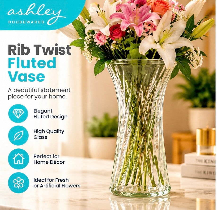 Ashley Housewares Rib Twist Fluted Vase with flowers