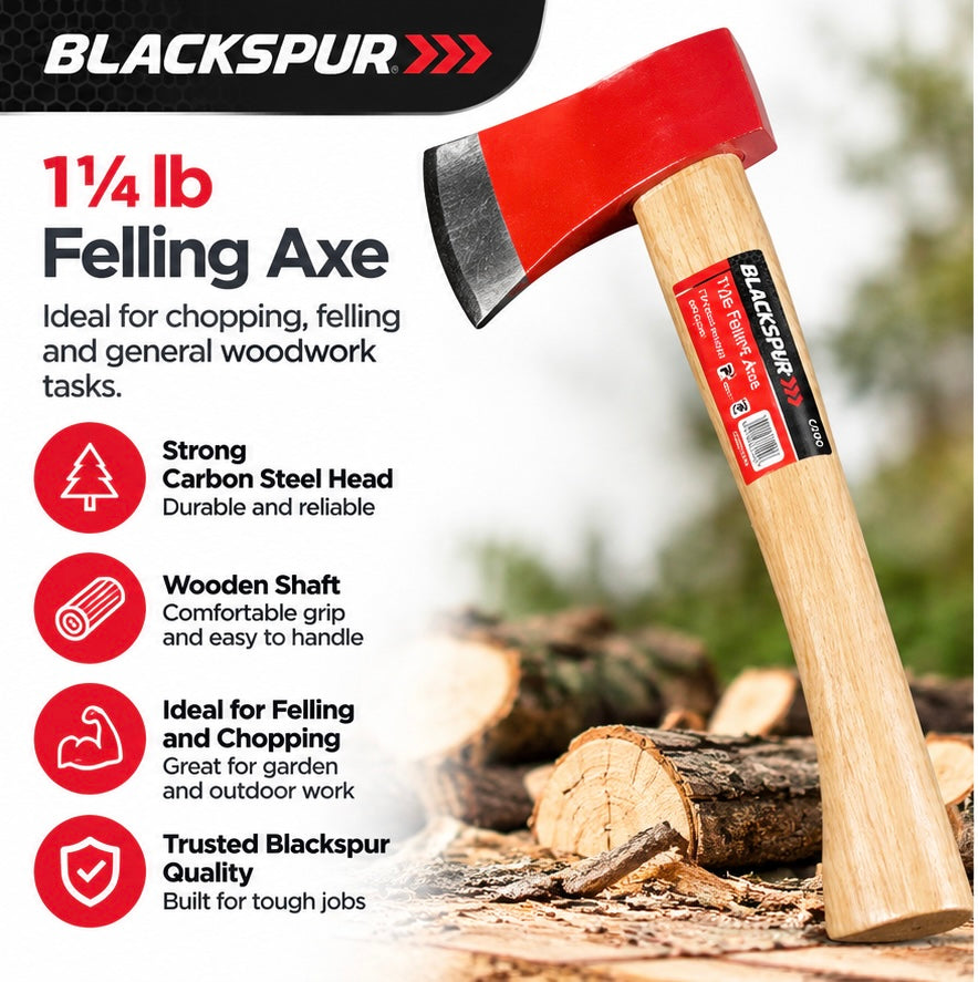 Blackspur felling axe with carbon steel head and wooden shaft