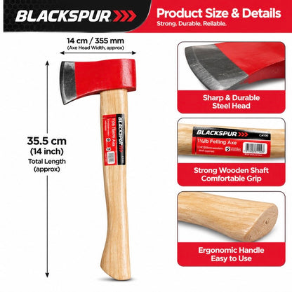 Specifications of Blackspur 1.25lb felling axe showing size and head material