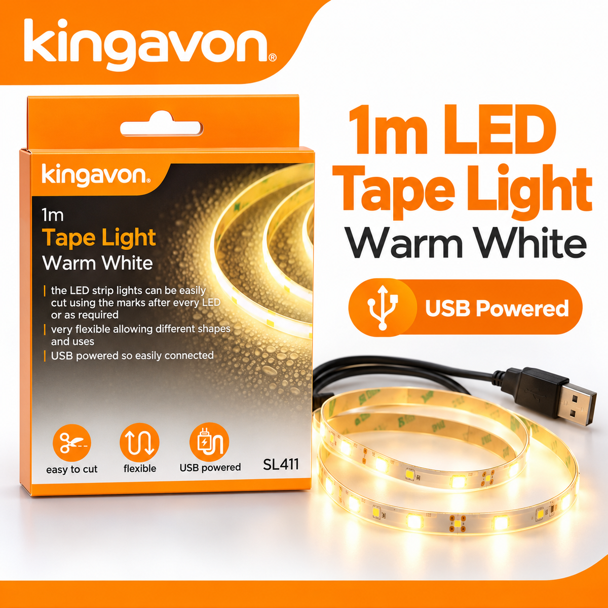 Kingavon 1m LED Tape Light Warm White packaging