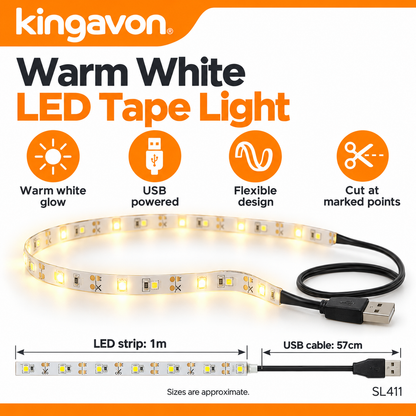 Back view of Kingavon LED Tape Light with features and dimensions
