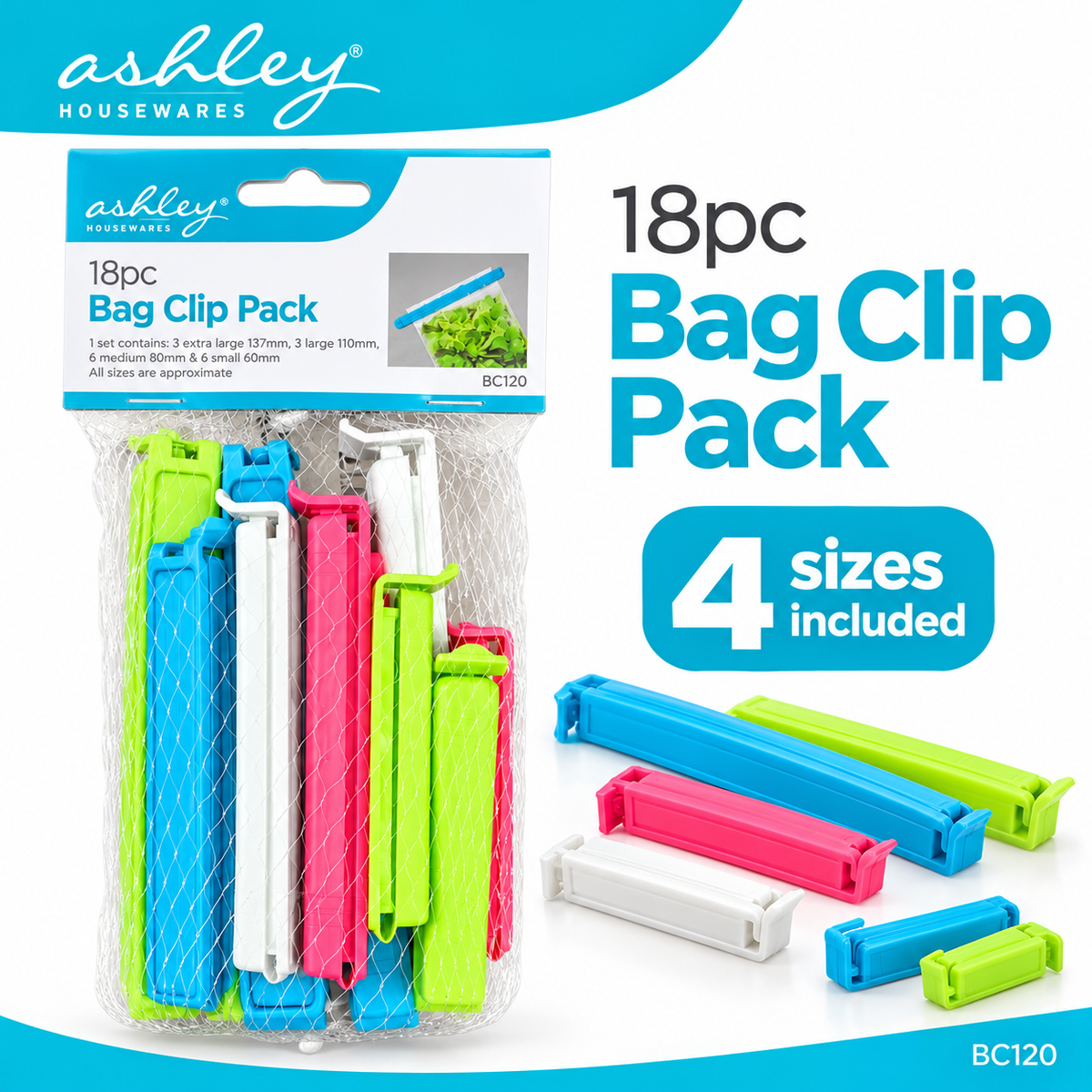 Front packaging of Ashley Housewares 18pc Bag Clip Pack