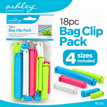 Front packaging of Ashley Housewares 18pc Bag Clip Pack