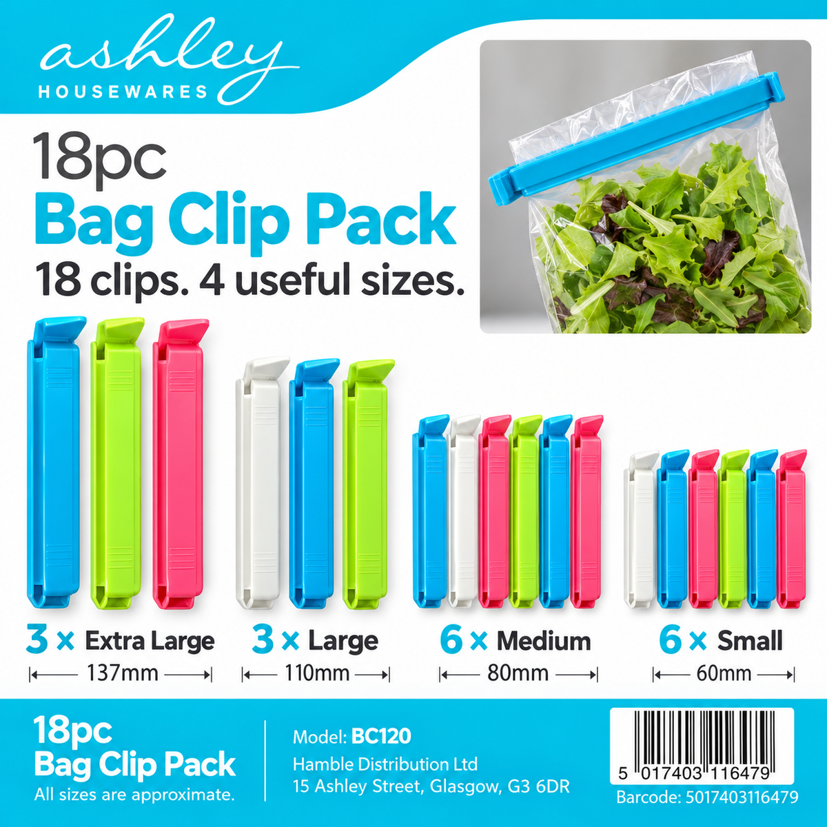 Back packaging of Ashley Housewares 18pc Bag Clip Pack