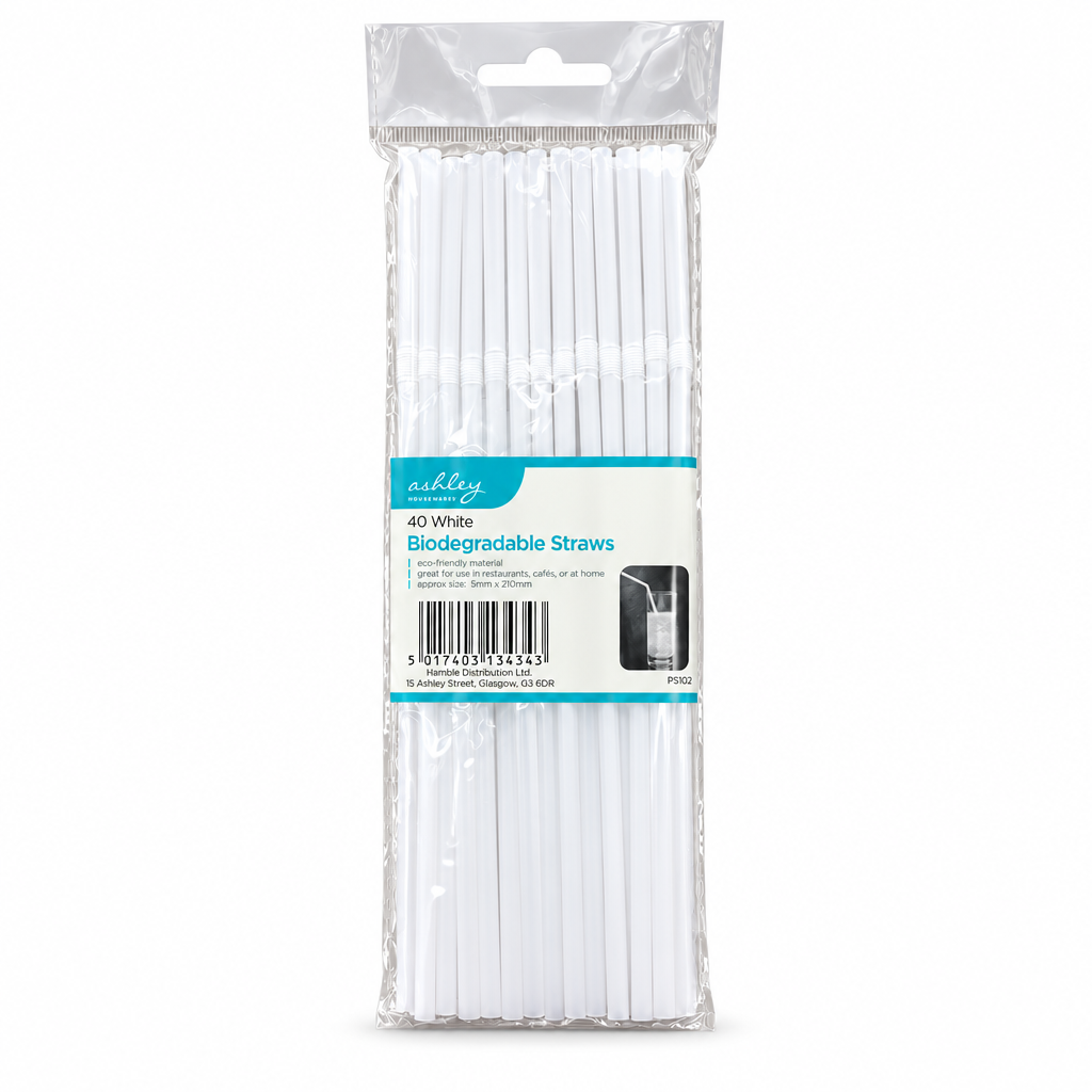 Ashley Housewares 40 White Biodegradable Straws packaging