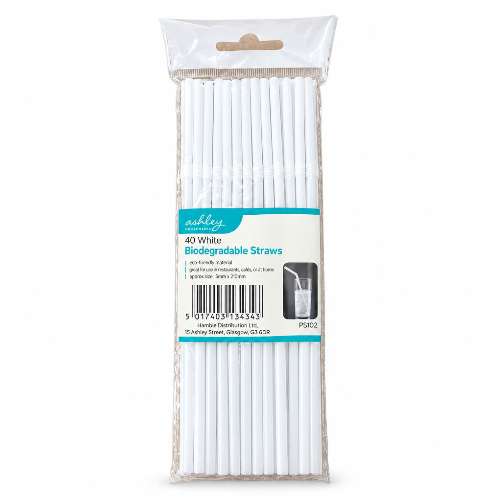 Ashley Housewares biodegradable straws with dimensions and features shown