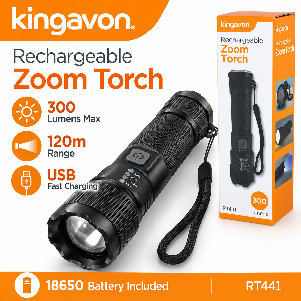 Kingavon Rechargeable Zoom Torch RT441 packaging