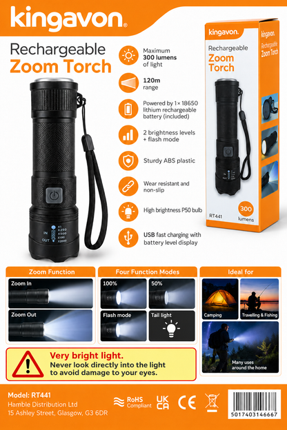 Kingavon Rechargeable Zoom Torch RT441 features and specifications