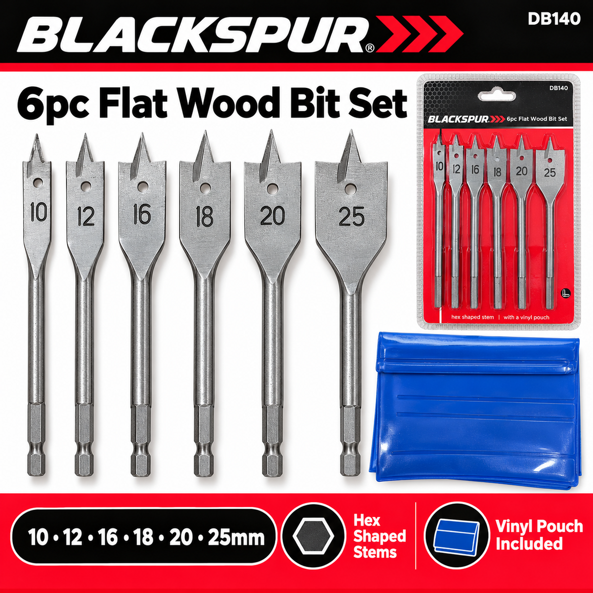 Blackspur 6pc Flat Wood Bit Set packaging