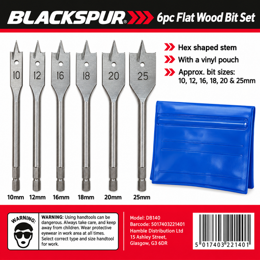 Back view of Blackspur 6pc Flat Wood Bit Set packaging with safety warnings and barcode