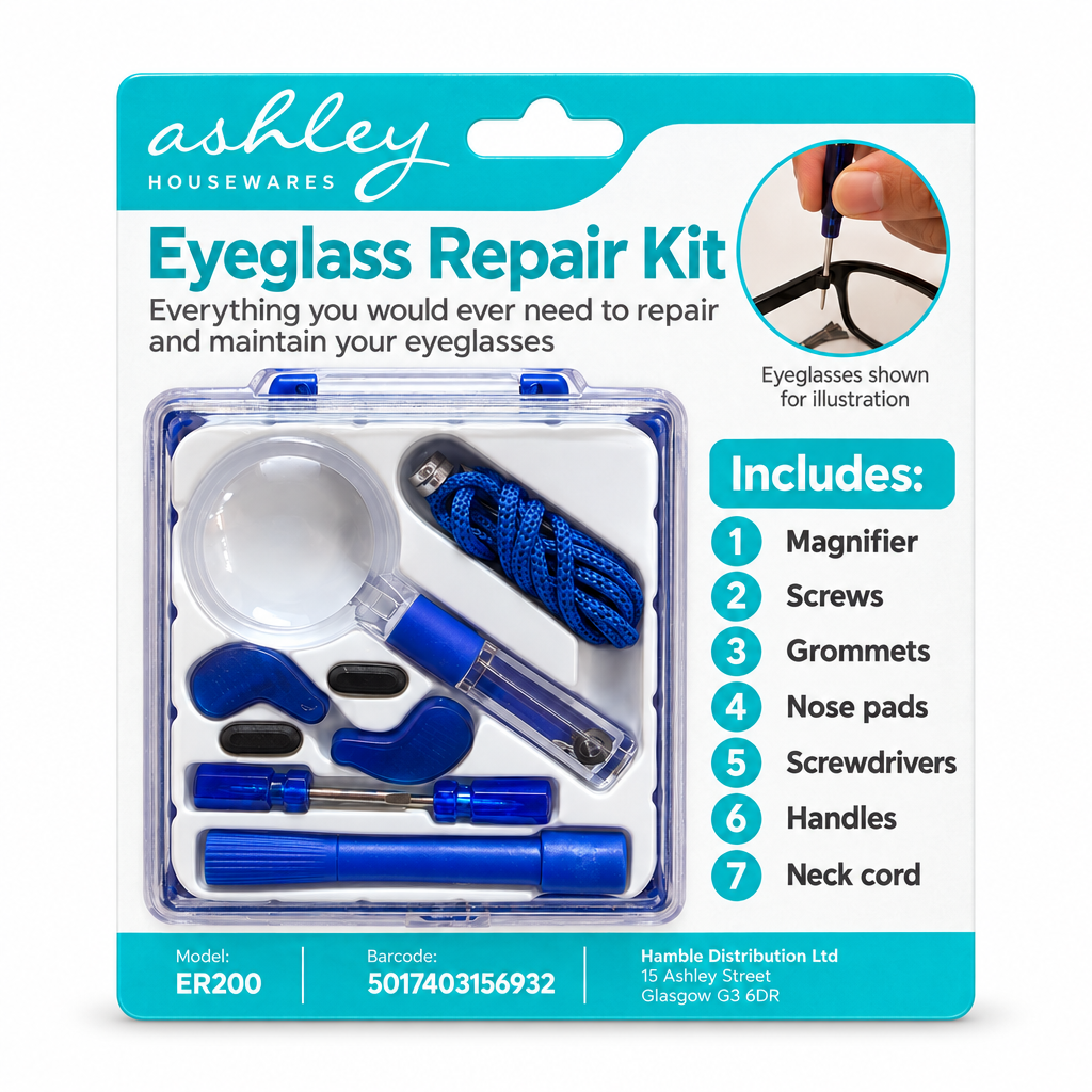 Front view of Ashley Housewares Eyeglass Repair Kit packaging