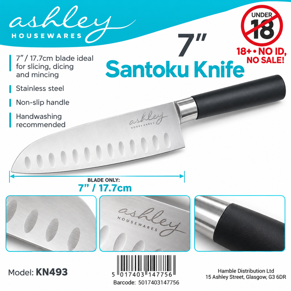 Ashley Housewares 7-inch Santoku Knife packaging back