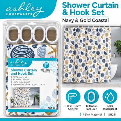 Ashley's Shower Curtain and Hook Set in Navy & Gold Coastal design.