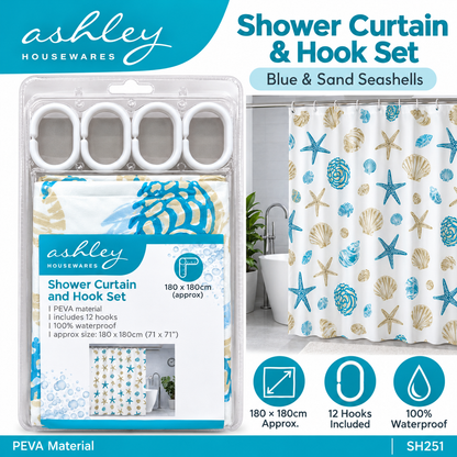 Ashley's Shower Curtain and Hook Set in Blue & Sand Seashells design.
