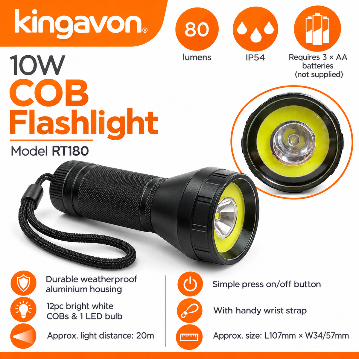 Kingavon 10W COB flashlight on back packaging with features