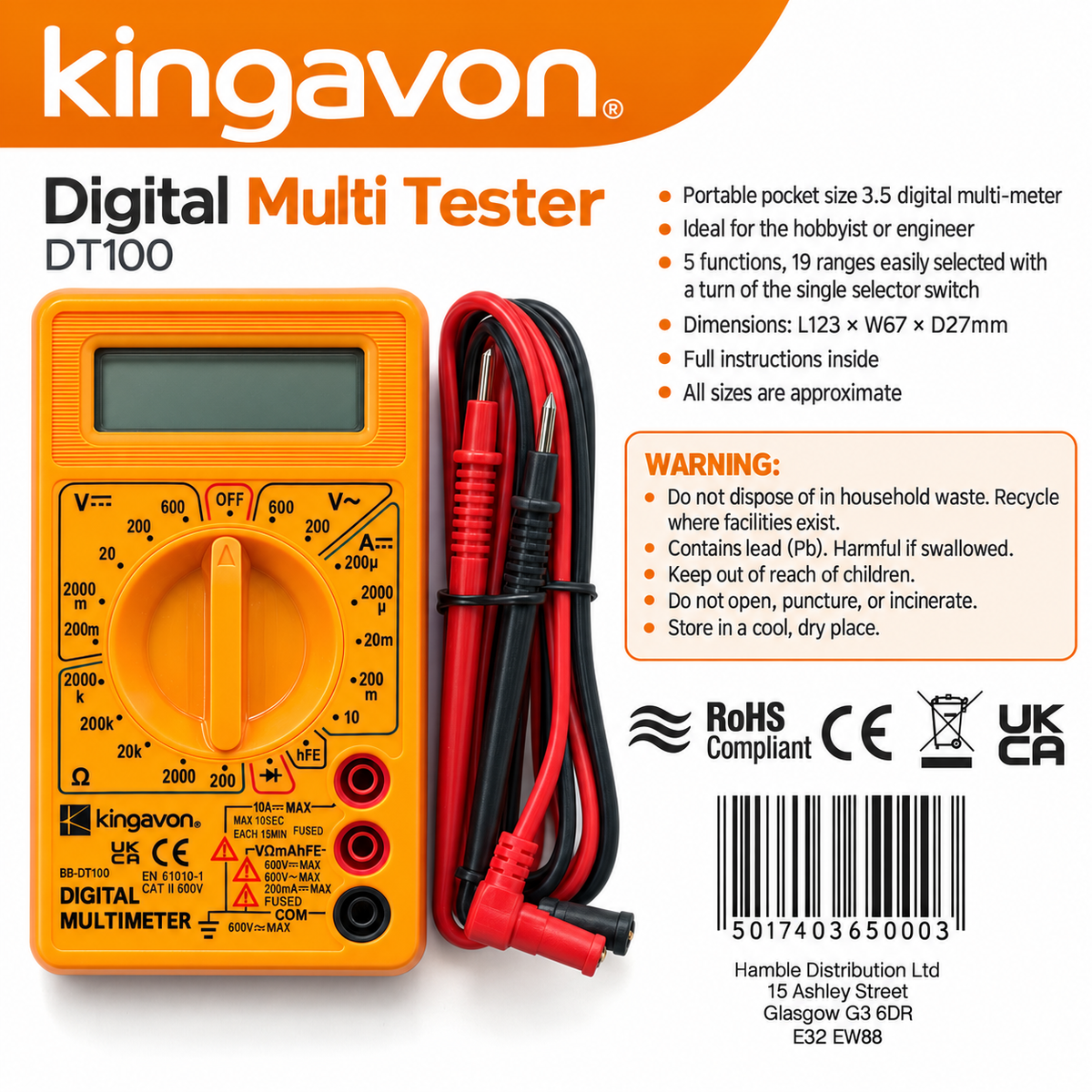 Kingavon Digital Multi Tester packaging back with features and safety warnings