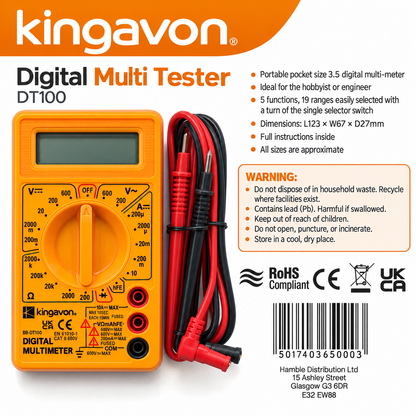 Kingavon Digital Multi Tester packaging back with features and safety warnings