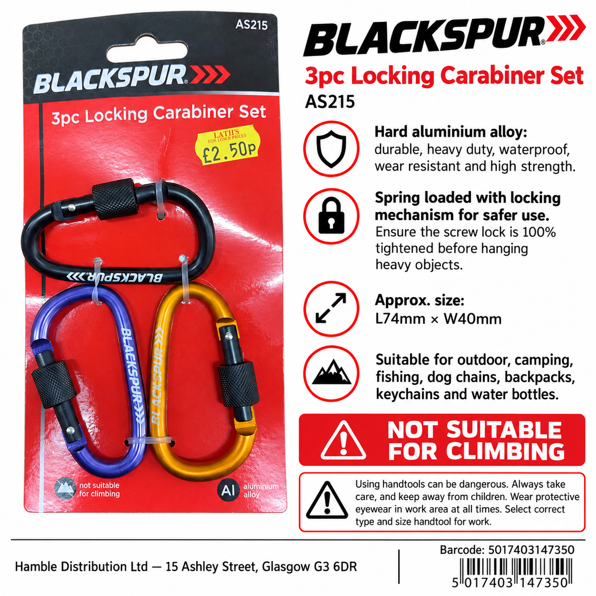 Back view of Blackspur 3pc Locking Carabiner Set packaging