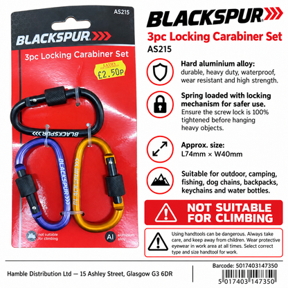 Back view of Blackspur 3pc Locking Carabiner Set packaging