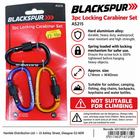 Back view of Blackspur 3pc Locking Carabiner Set packaging